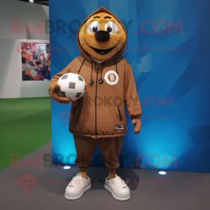 Brown Soccer Ball mascot costume character dressed with a Hoodie and Lapel pins