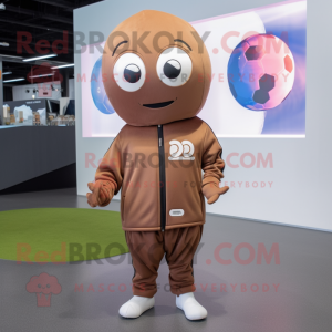 Brown Soccer Ball mascot costume character dressed with a Hoodie and Lapel pins