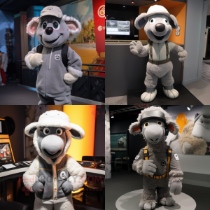 Gray Sheep mascot costume character dressed with a Jumpsuit and Beanies