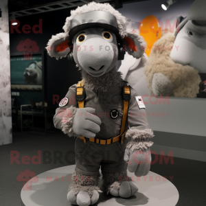 Gray Sheep mascot costume character dressed with a Jumpsuit and Beanies
