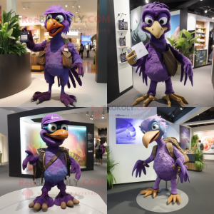 Purple Archeopteryx mascot costume character dressed with a Trousers and Backpacks