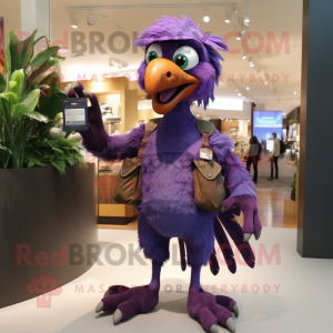 Purple Archeopteryx mascot costume character dressed with a Trousers and Backpacks