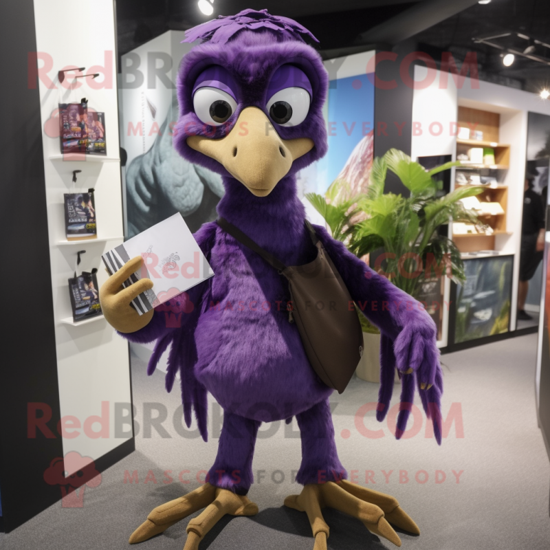 Purple Archeopteryx mascot costume character dressed with a Trousers and Backpacks