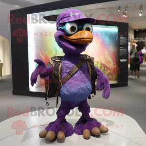 Purple Archeopteryx mascot costume character dressed with a Trousers and Backpacks