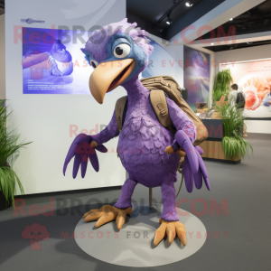 Purple Archeopteryx mascot costume character dressed with a Trousers and Backpacks