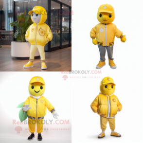 Lemon Yellow Apricot mascot costume character dressed with a Bomber Jacket and Caps