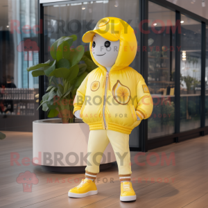 Lemon Yellow Apricot mascot costume character dressed with a Bomber Jacket and Caps