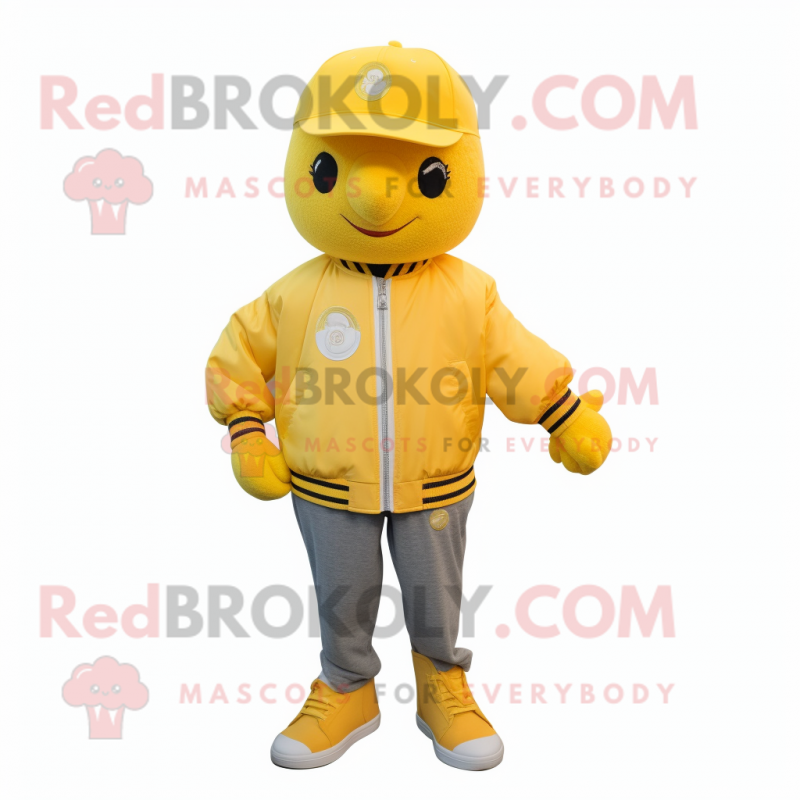 Lemon Yellow Apricot mascot costume character dressed with a Bomber Jacket and Caps
