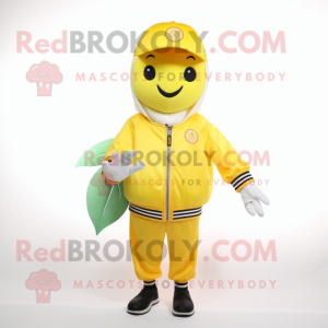 Lemon Yellow Apricot mascot costume character dressed with a Bomber Jacket and Caps