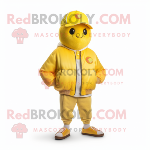 Lemon Yellow Apricot mascot costume character dressed with a Bomber Jacket and Caps