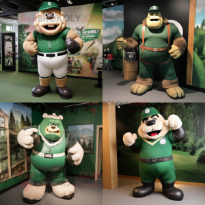 Forest Green Strongman mascot costume character dressed with a Baseball Tee and Gloves