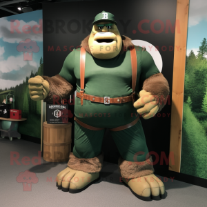 Forest Green Strongman mascot costume character dressed with a Baseball Tee and Gloves