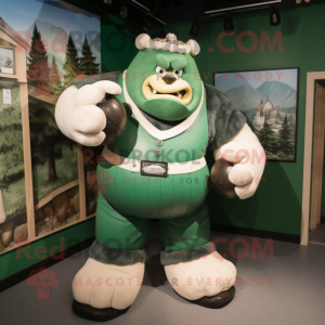 Forest Green Strongman mascot costume character dressed with a Baseball Tee and Gloves