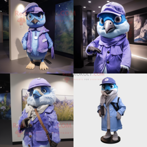 Lavender Blue Jay mascot costume character dressed with a Parka and Brooches