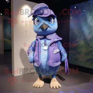 Lavender Blue Jay mascot costume character dressed with a Parka and Brooches