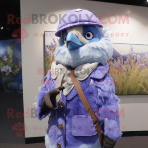 Lavender Blue Jay mascot costume character dressed with a Parka and Brooches