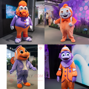 Lavender Clown Fish mascot costume character dressed with a Jumpsuit and Tie pins