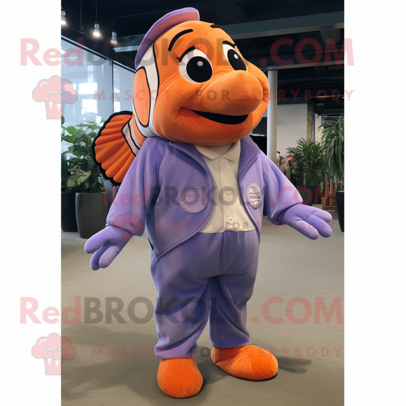 Lavender Clown Fish mascot costume character dressed with a Jumpsuit and Tie pins