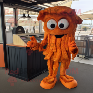 Orange Fried Calamari mascot costume character dressed with a Cargo Pants and Cufflinks