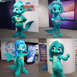 Turquoise Mermaid mascot costume character dressed with a Polo Shirt and Belts