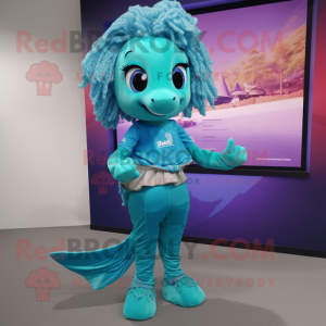 Turquoise Mermaid mascot costume character dressed with a Polo Shirt and Belts