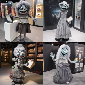 Gray Undead mascot costume character dressed with a Pleated Skirt and Wallets