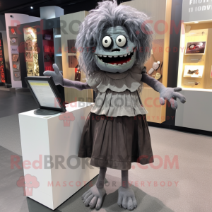 Gray Undead mascot costume character dressed with a Pleated Skirt and Wallets