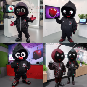 Black Cherry mascot costume character dressed with a Hoodie and Smartwatches