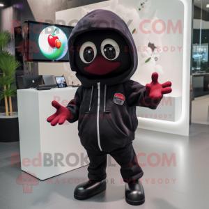 Black Cherry mascot costume character dressed with a Hoodie and Smartwatches