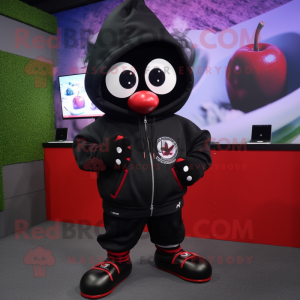 Black Cherry mascot costume character dressed with a Hoodie and Smartwatches