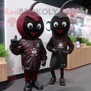 Black Cherry mascot costume character dressed with a Hoodie and Smartwatches