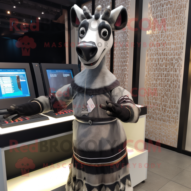 Silver Okapi mascot costume character dressed with a A-Line Skirt and Gloves