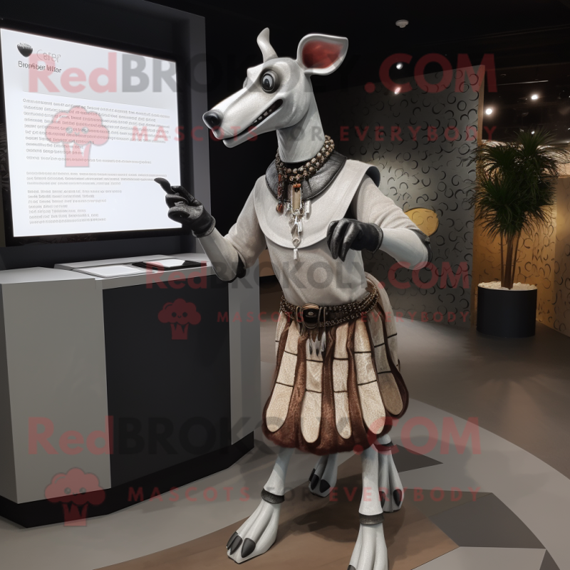 Silver Okapi mascot costume character dressed with a A-Line Skirt and Gloves