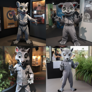 Gray Chupacabra mascot costume character dressed with a Jumpsuit and Lapel pins