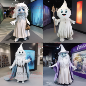 White Witch mascot costume character dressed with a Wrap Dress and Backpacks