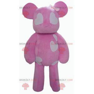 Mascota de oso de peluche rosa y blanco con corazones -