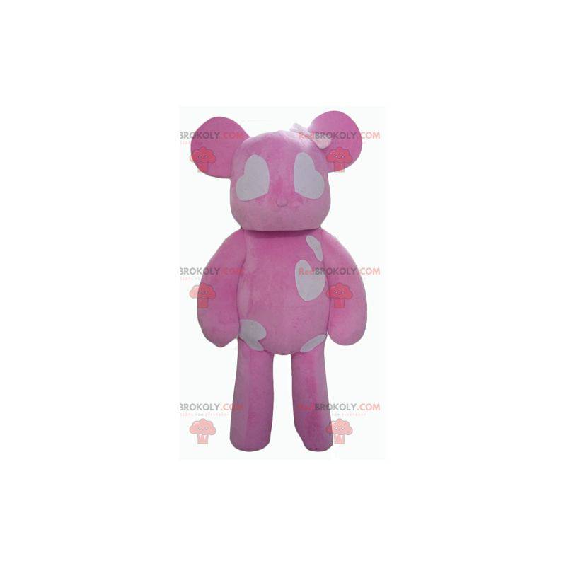 Růžový a bílý medvídek maskot se srdíčky - Redbrokoly.com