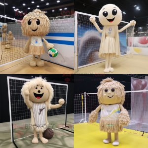 Beige Volleyball Net mascot costume character dressed with a Mini Dress and Shawl pins