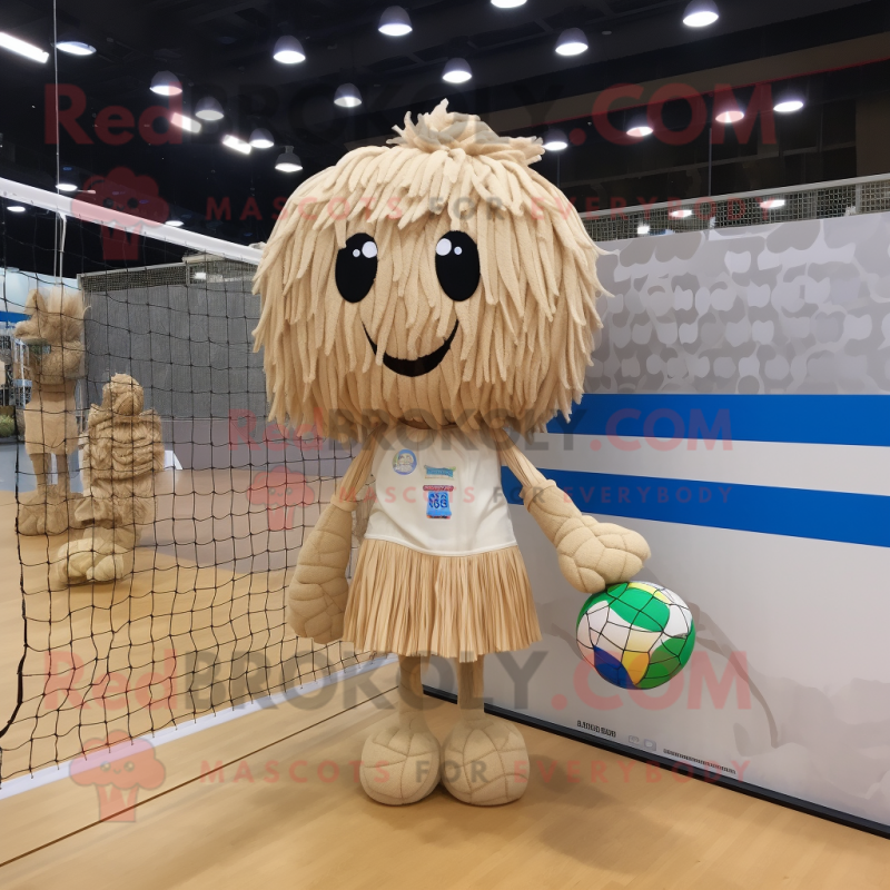 Beige Volleyball Net mascot costume character dressed with a Mini Dress and Shawl pins