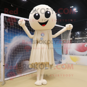 Beige Volleyball Net mascot costume character dressed with a Mini Dress and Shawl pins