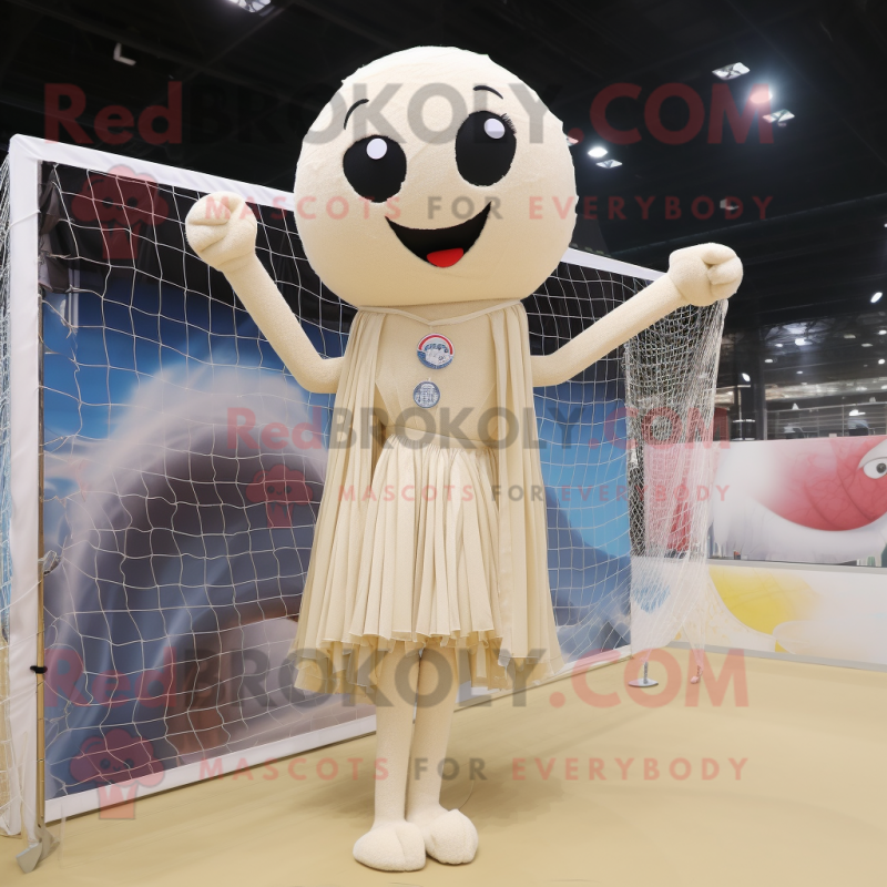 Beige Volleyball Net mascot costume character dressed with a Mini Dress and Shawl pins