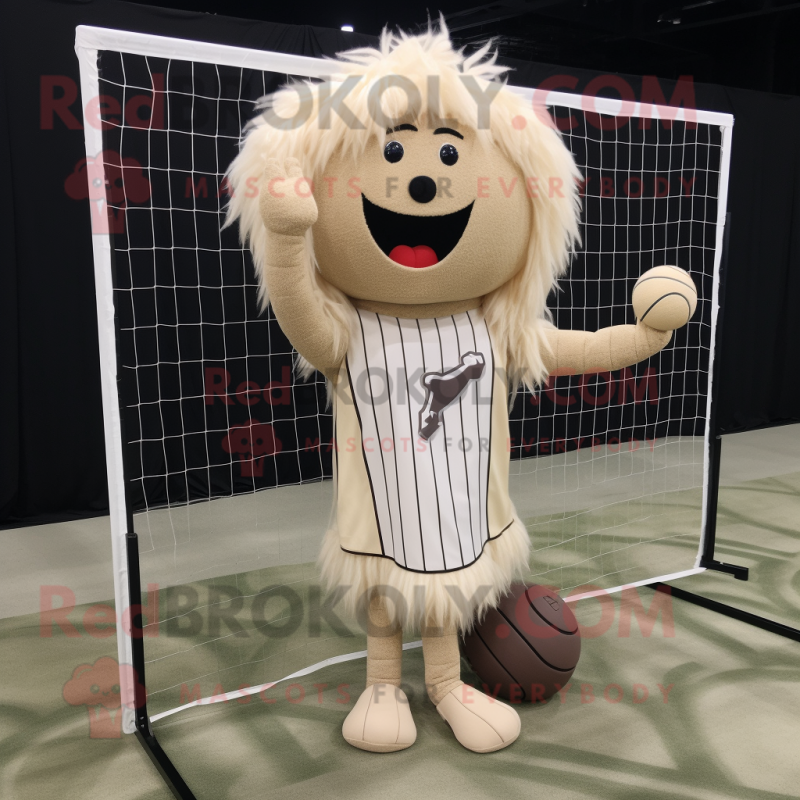 Beige Volleyball Net mascot costume character dressed with a Mini Dress and Shawl pins