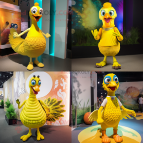 Yellow Peacock mascot costume character dressed with a Tank Top and Anklets