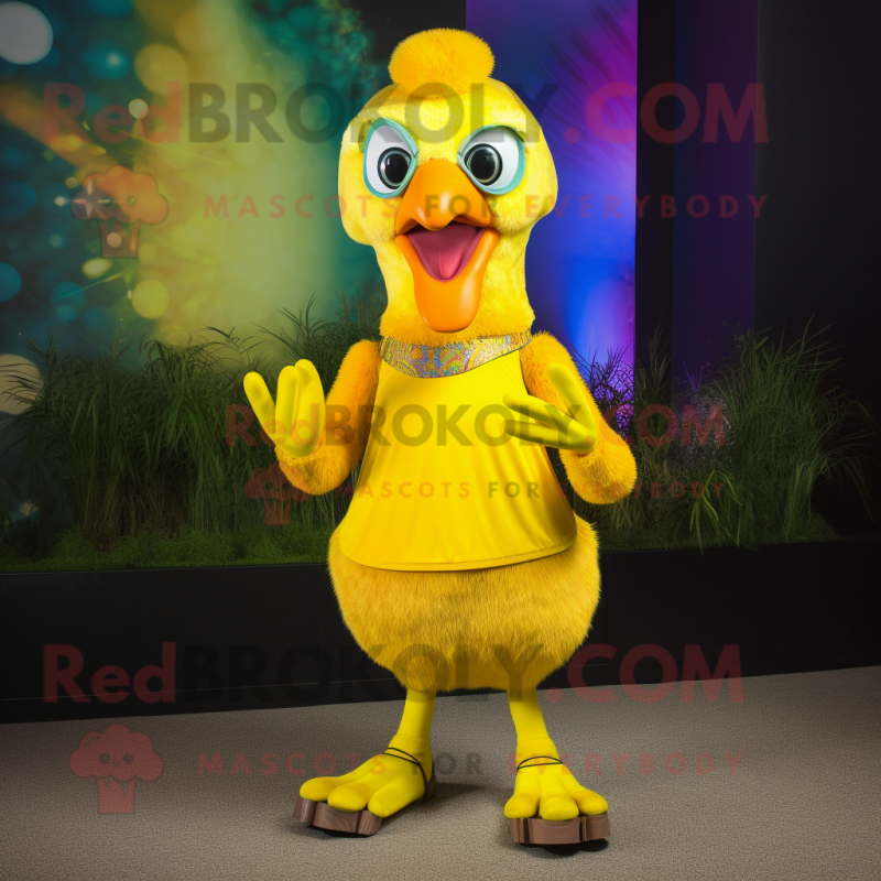 Yellow Peacock mascot costume character dressed with a Tank Top and Anklets Yellow Peacock mascot costume character dressed with a Tank Top and Anklets