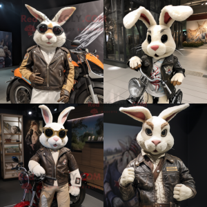 Cream Wild Rabbit mascot costume character dressed with a Biker Jacket and Headbands
