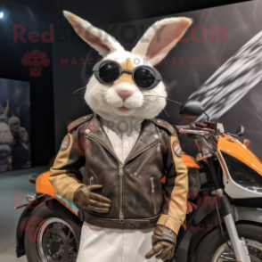 Cream Wild Rabbit mascot costume character dressed with a Biker Jacket and Headbands