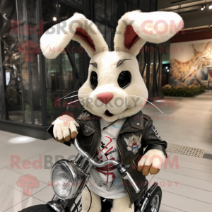 Cream Wild Rabbit mascot costume character dressed with a Biker Jacket and Headbands