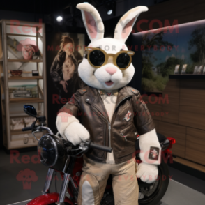 Cream Wild Rabbit mascot costume character dressed with a Biker Jacket and Headbands