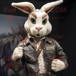 Cream Wild Rabbit mascot costume character dressed with a Biker Jacket and Headbands