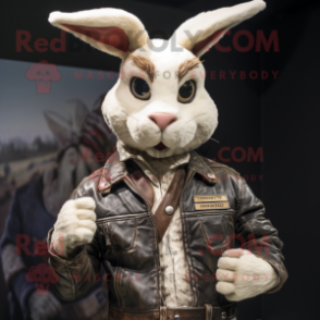 Cream Wild Rabbit mascot costume character dressed with a Biker Jacket and Headbands